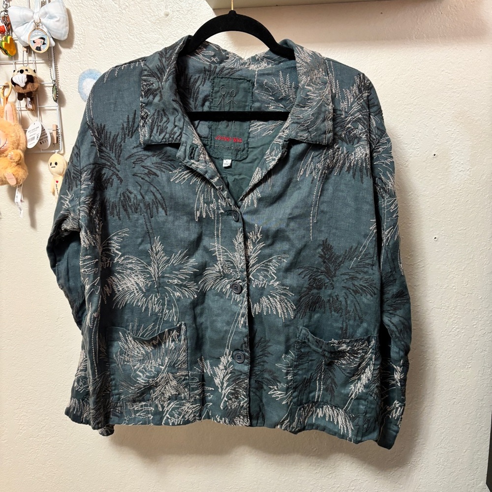 Johnny Was Embroidered Palm Tree Button Up Shirt Jacket Long Sleeve Size Small